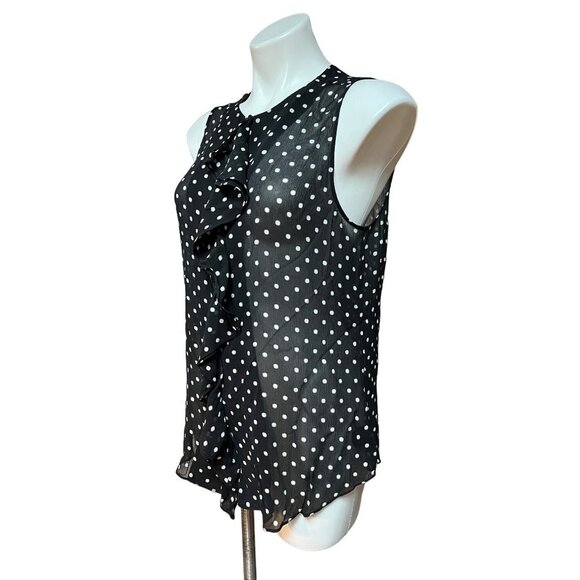 Theory Sheer Polka Dot Ruffle Front Sleeveless Top Black White Large - Picture 3 of 9